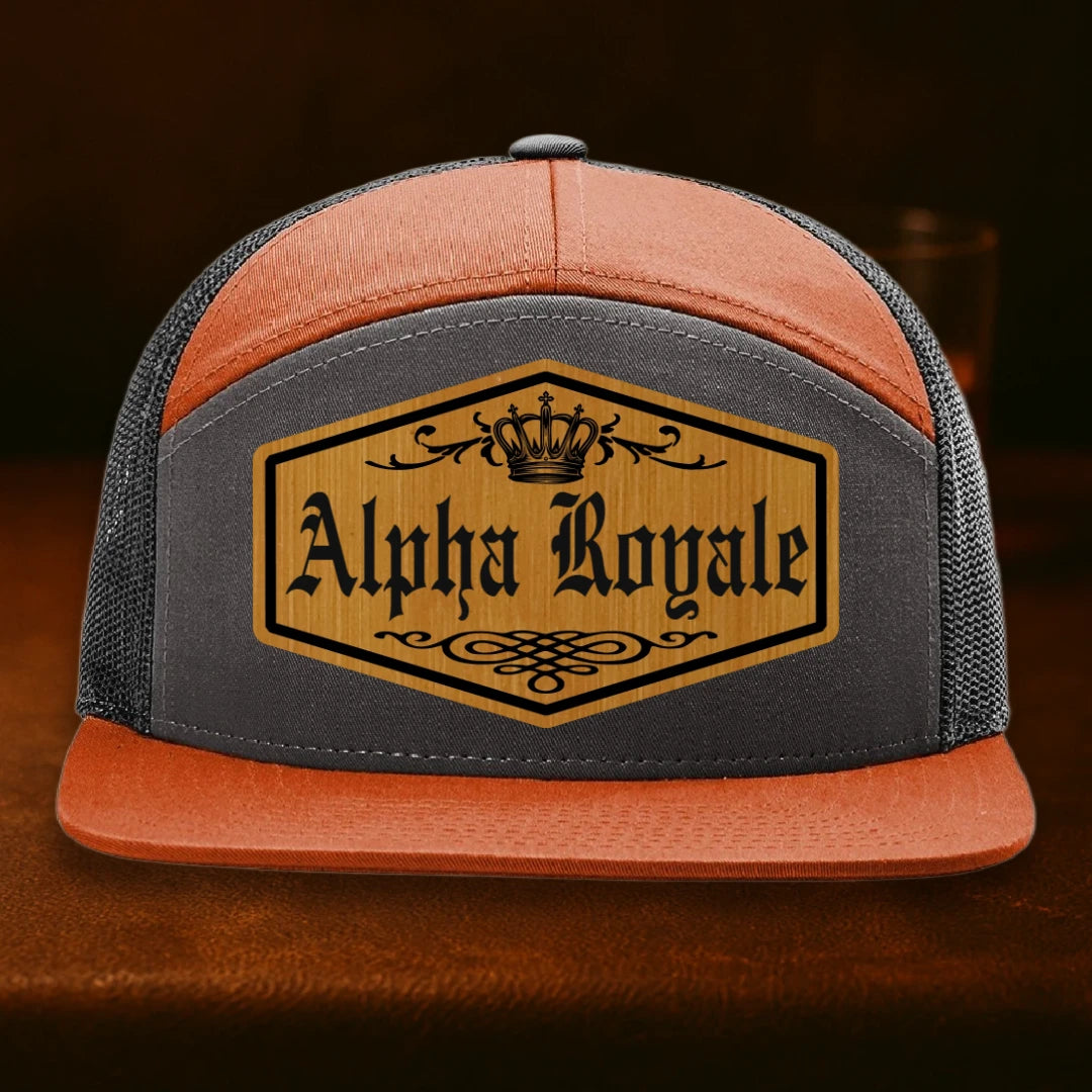 Alpha Royale Personalized Leather Patch Hat - Richardson 168 Charcoal To Burnt Orange To Black