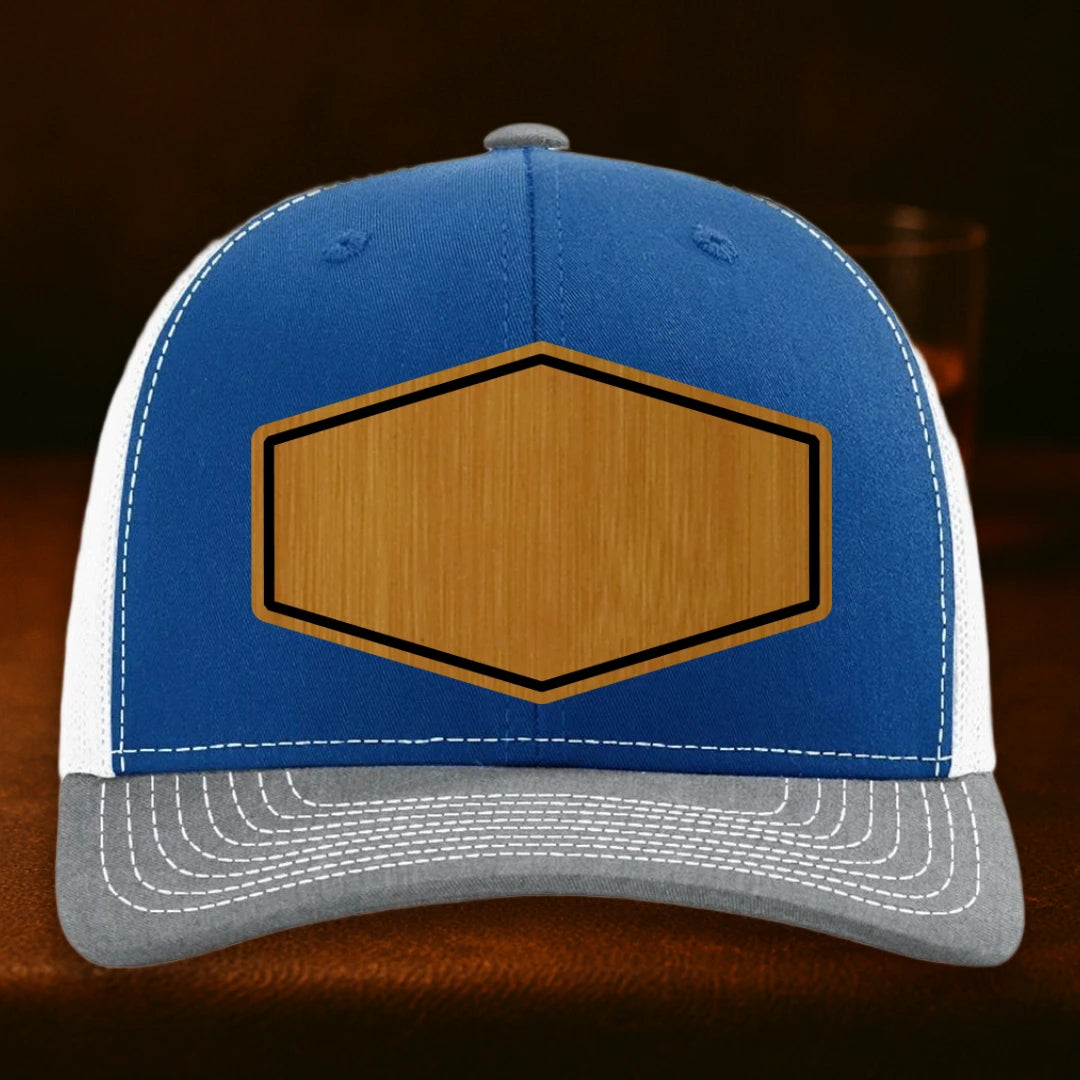 Upload Your Logo Custom Leather Patch Hat - Richardson 112 Royal To White To Heather Grey