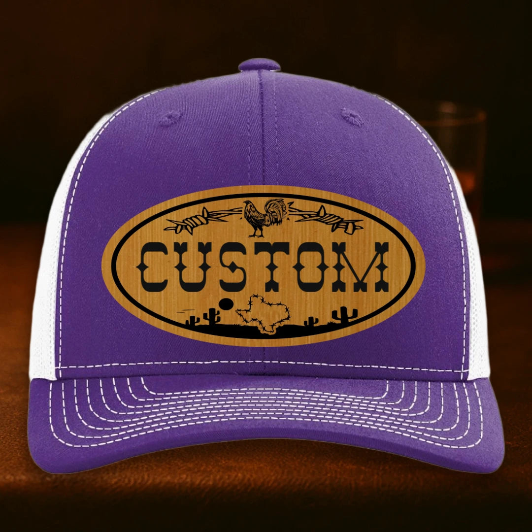 Lonestar Rooster Personalized Leather Patch Hat - Richardson 112 Purple To White