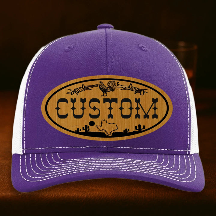 Lonestar Rooster Personalized Leather Patch Hat - Richardson 112 Purple To White