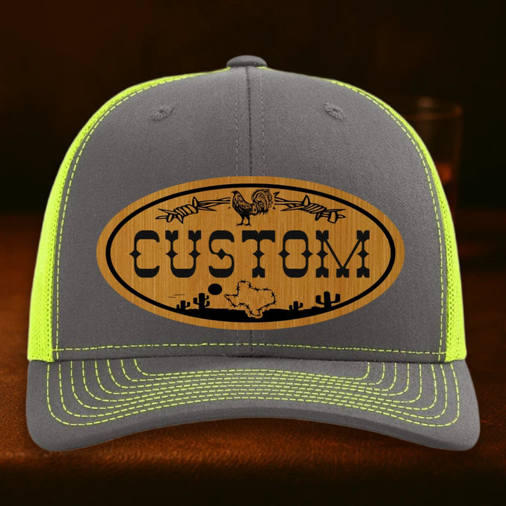 Lonestar Rooster Personalized Leather Patch Hat - Richardson 112 Charcoal To Neon Yellow