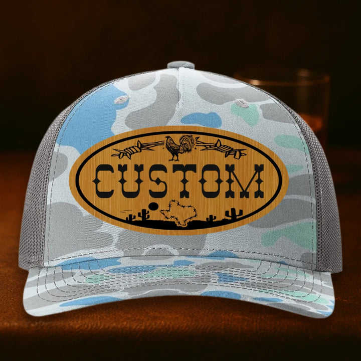 Lonestar Rooster Personalized Leather Patch Hat - Richardson 112PFP Saltwater Duck Camo To Charcoal