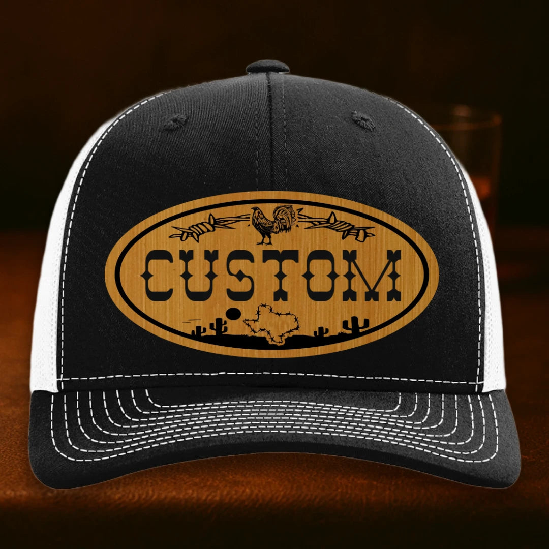 Lonestar Rooster Personalized Leather Patch Hat - Richardson 112 Black To White