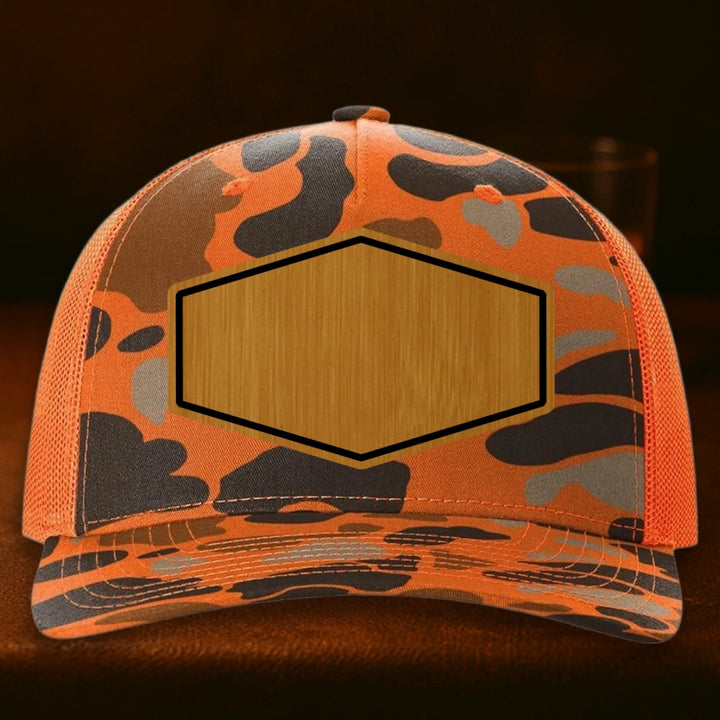 Upload Your Logo Custom Leather Patch Hat - Richardson 112PFP Blaze Duck Camo To Blaze