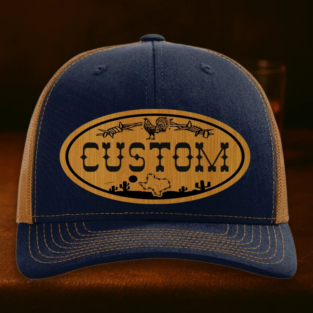 Lonestar Rooster Personalized Leather Patch Hat - Richardson 112 Navy To Caramel
