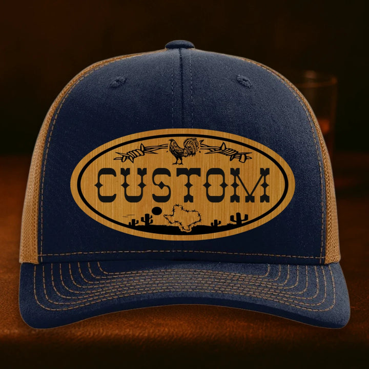 Lonestar Rooster Personalized Leather Patch Hat - Richardson 112 Navy To Caramel
