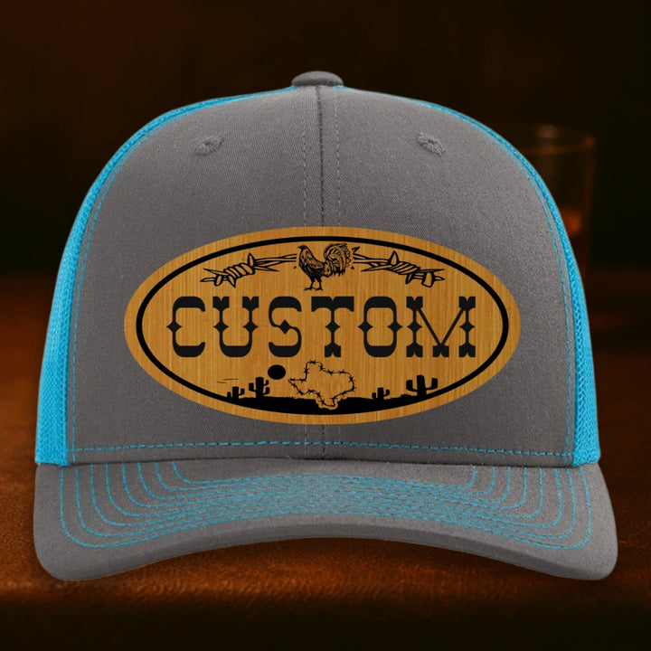 Lonestar Rooster Personalized Leather Patch Hat - Richardson 112 Charcoal To Neon Blue