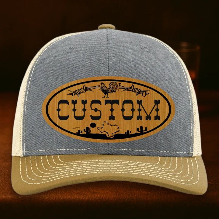 Lonestar Rooster Personalized Leather Patch Hat - Richardson 112 Heather Grey To Birch To Amber Gold