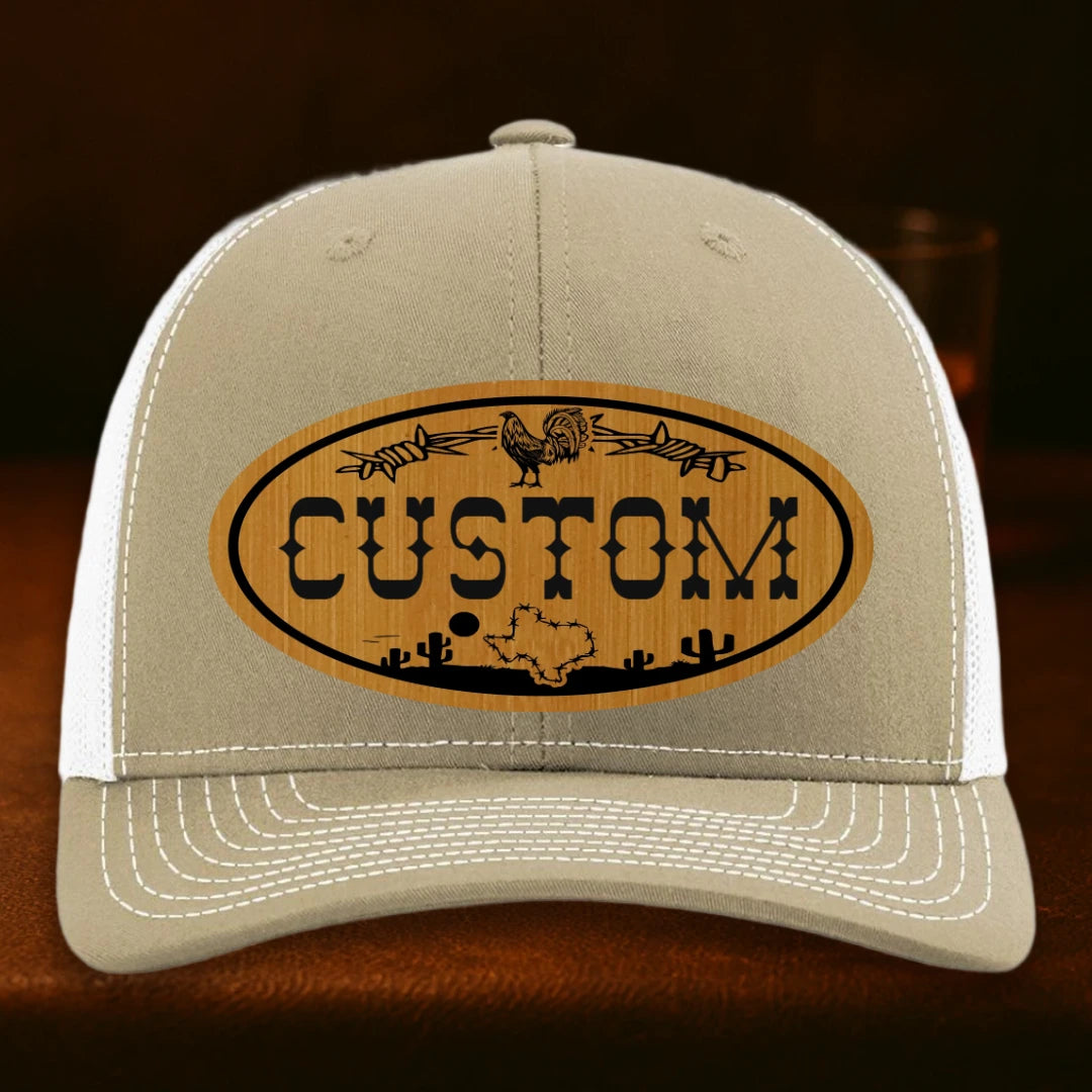 Lonestar Rooster Personalized Leather Patch Hat - Richardson 112 Khaki To White