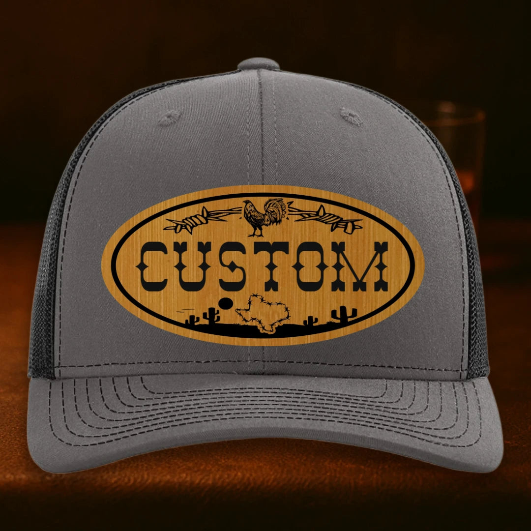 Lonestar Rooster Personalized Leather Patch Hat - Richardson 112 Charcoal To Black