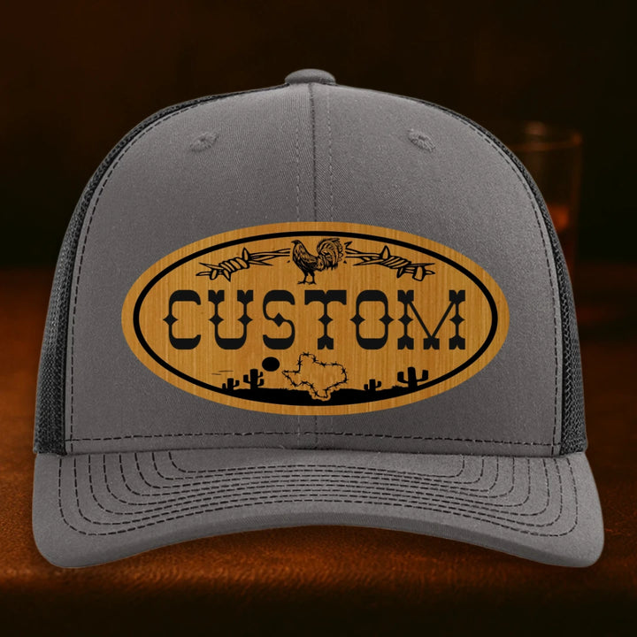 Lonestar Rooster Personalized Leather Patch Hat - Richardson 112 Charcoal To Black