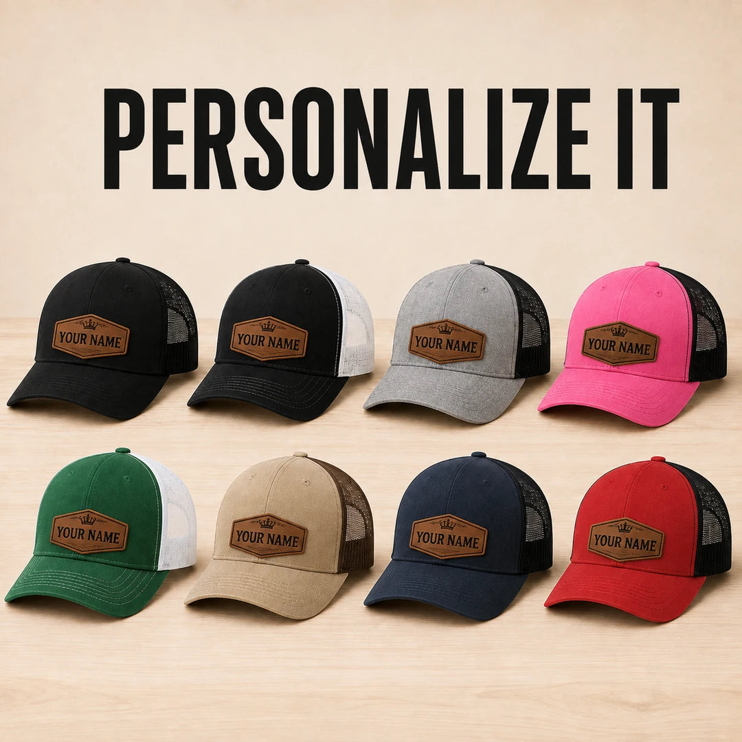 Personalized Alpha Royale Richardson 112 leather patch trucker hats in eight colors