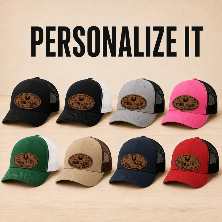 Eight colorful trucker hats with leatherette rooster patches, displayed under &